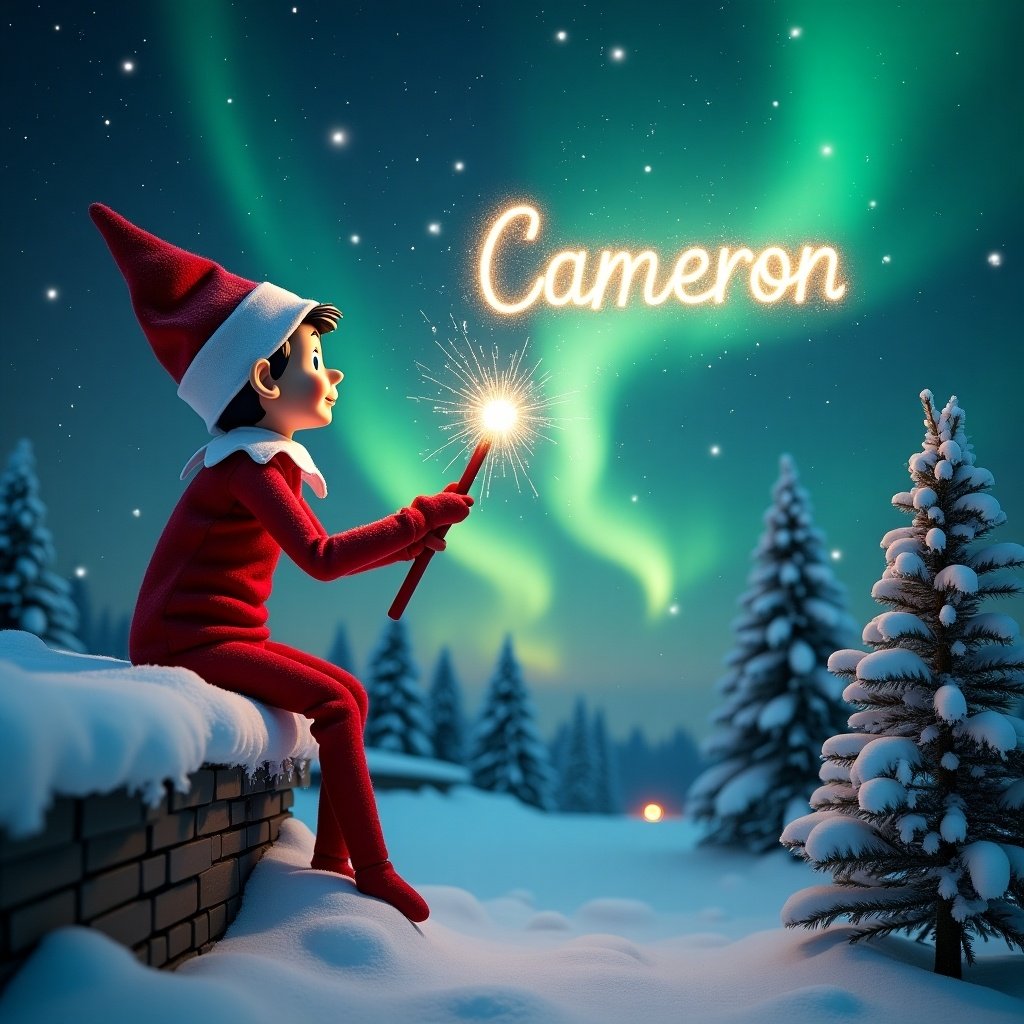 A traditional elf on the shelf is gazing at the northern lights. The elf is dressed in red and holds a magic wand. The name 'Cameron' is written in the air with stardust. Snow is on the ground. Trees are around in a winter scene. The atmosphere is magical and festive.