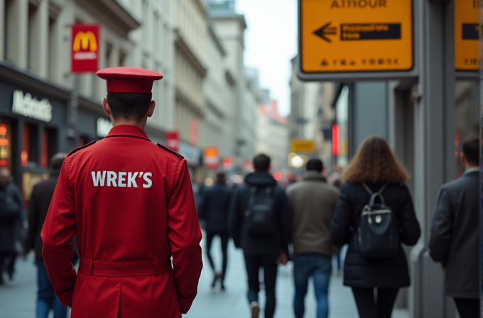 A person in a red uniform stands in a bustling city street, with 'WREK'S' written on their back as pedestrians walk by.