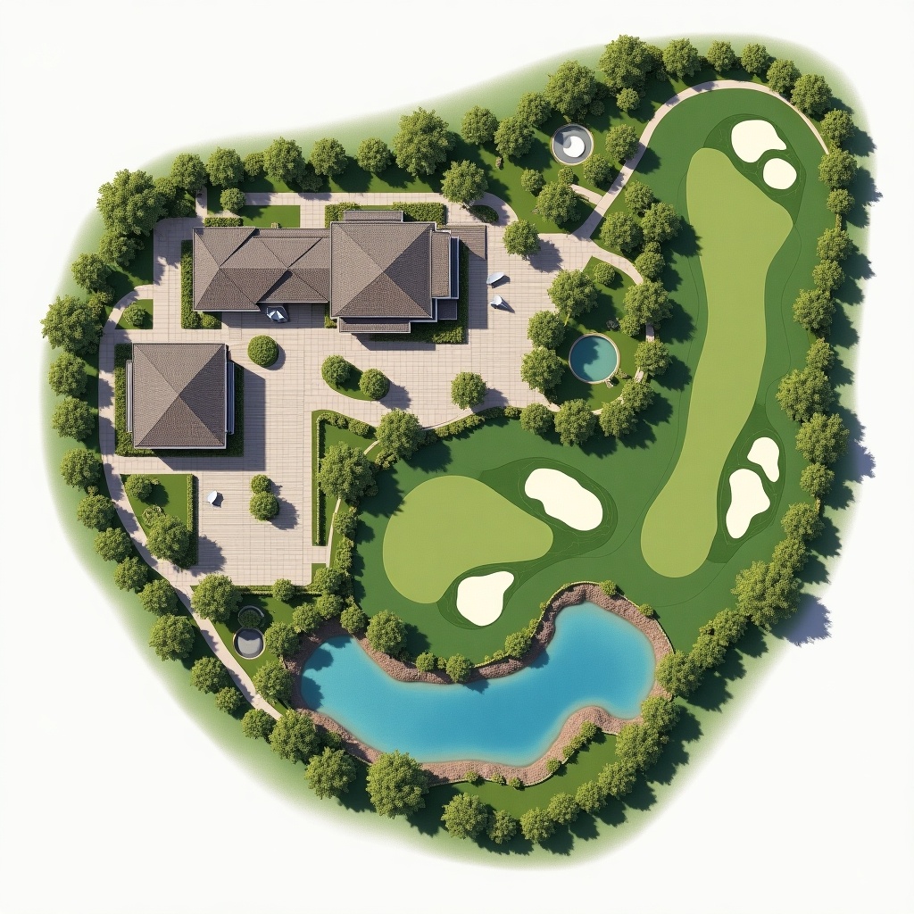 Golf course exterior floor plan shown in 2D vector illustration. High-quality, modern design. Detailed layout of clubhouse, lounge, pro shop, and amenities. Includes 18-hole golf course with fairways and greens. Features sand bunkers, water, and topographic details. Highlights spacious, visually appealing areas with organized space and realistic proportions in a neutral color palette.