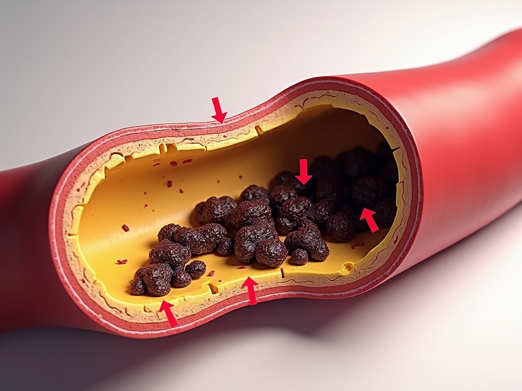 The image depicts a cross-section of a blood vessel with notable plaque build-up, highlighted by dark accumulations along the vessel walls. The illustration is detailed, showing the vessel's layers in a vivid representation commonly used for educational purposes in explaining cardiovascular issues.