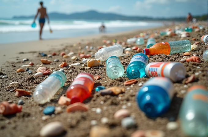 Plastic bottles and litter scattered on a sandy beach with a blurred figure and ocean in the background.