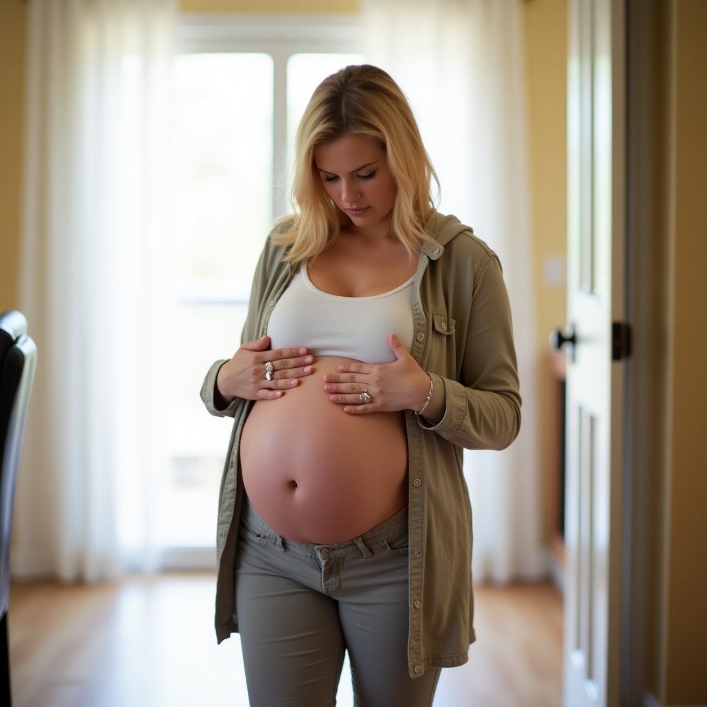 A pregnant woman walks slowly. She looks cute. Her blonde hair is down. The swollen baby bump is prominent. She wears a light outfit. The background shows a sunny room.