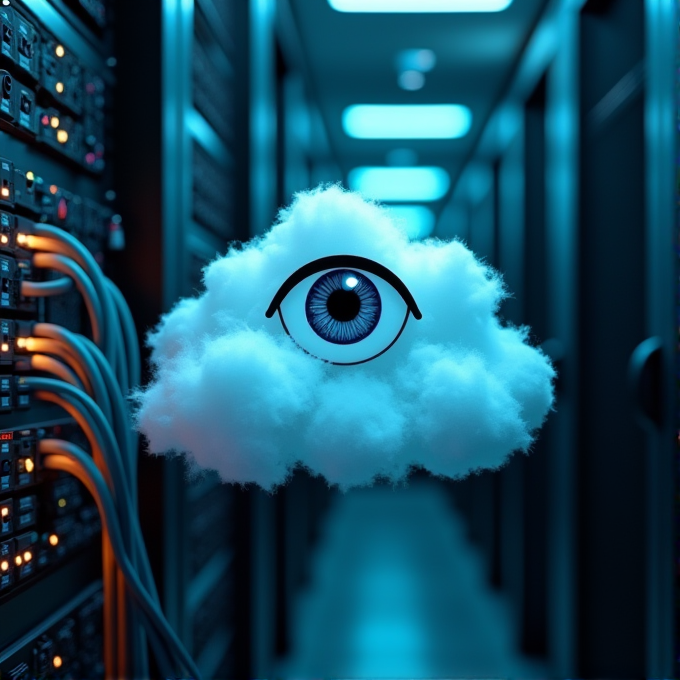 A cloud with an eye floats in a glowing blue server room.