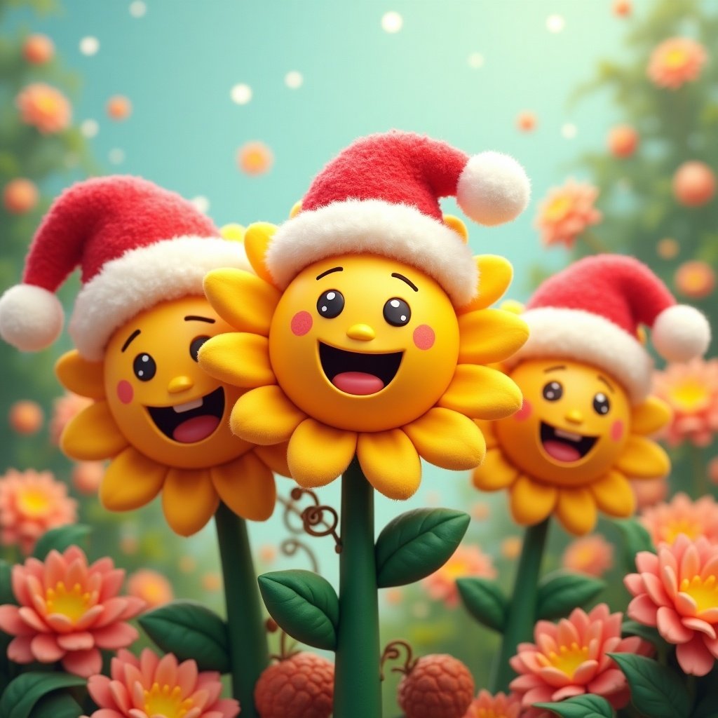 Cartoon-style daisy flowers with emoji faces wearing Santa hats. Bright, colorful scene with a textured, puffy appearance. Cheerful and festive atmosphere.