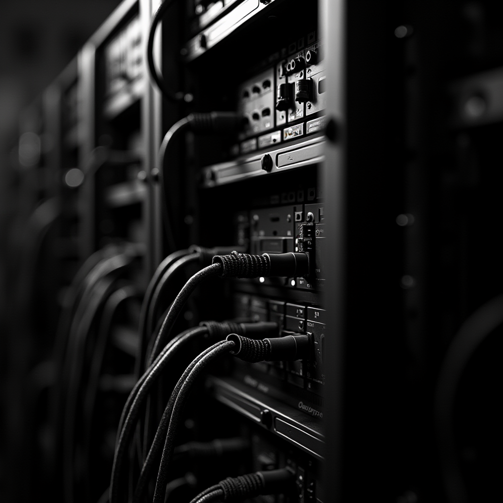 A dramatic black and white close-up of neatly arranged network cables connected to a server rack in a dimly lit data center.