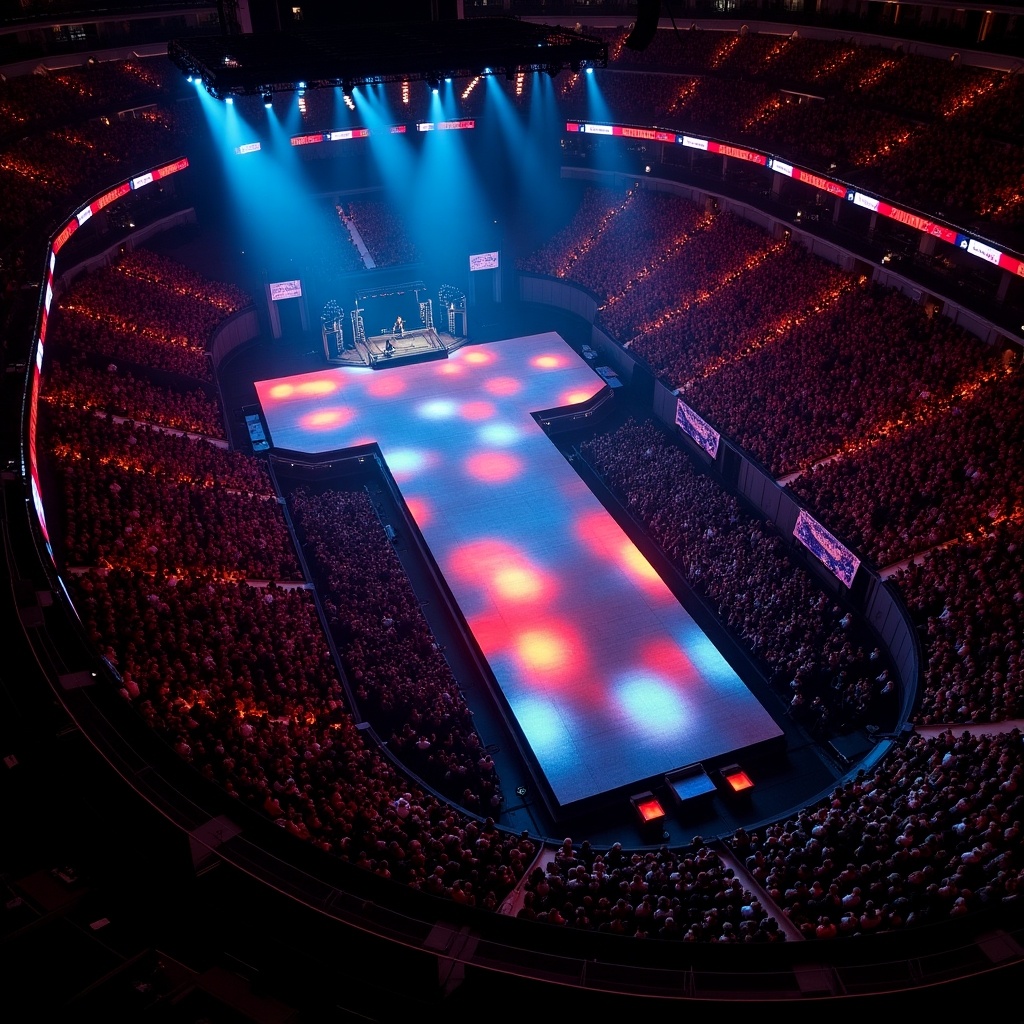 A T-shaped runway stage setup for a Roddy Ricch concert in Madison Square Garden view from a drone. The stage is colorful with dramatic lighting and a large audience.