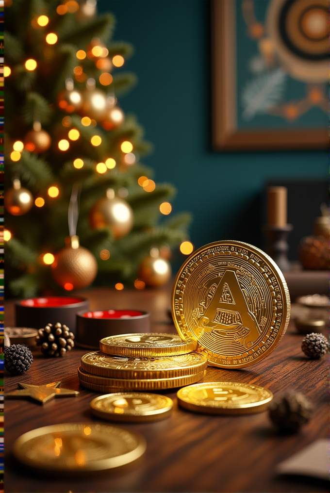 A warm, festive scene with a decorated Christmas tree and glowing lights in the background, featuring a stack of golden cryptocurrency coins prominently displayed on a wooden table.