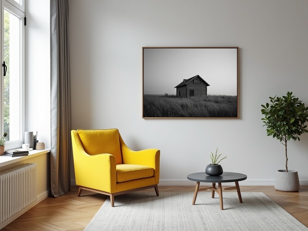 The image showcases a modern living room setup. A bright yellow armchair sits invitingly, contrasting against a neutral wall. Above the armchair is a large monochrome photograph of a rural house, adding a touch of artistry. A round coffee table is positioned in front of the chair, complemented by a small plant. Large windows let in natural light, creating a warm and welcoming environment.