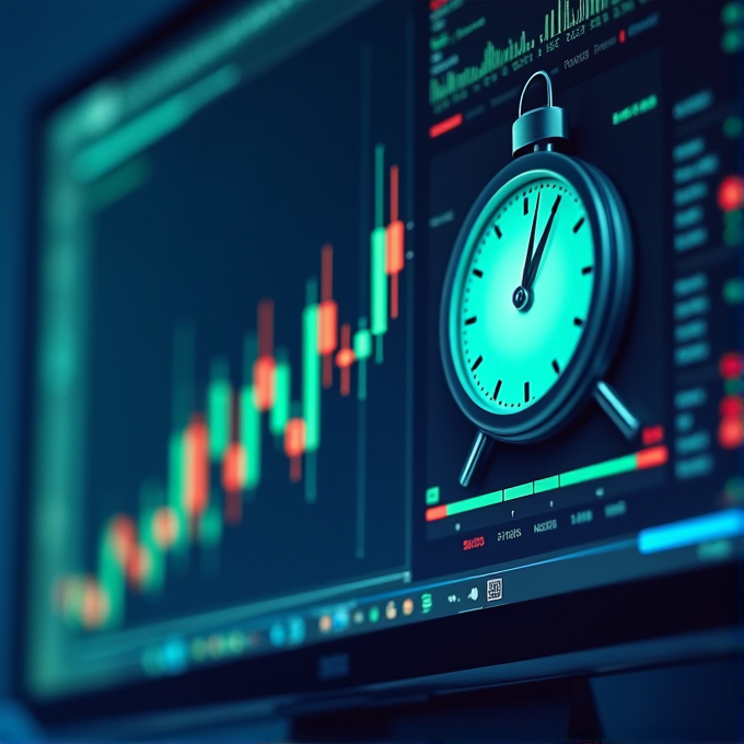 A digital screen displays a financial trading chart with candlestick patterns, overlaid with a large, prominent clock symbolizing the importance of timing in trading.