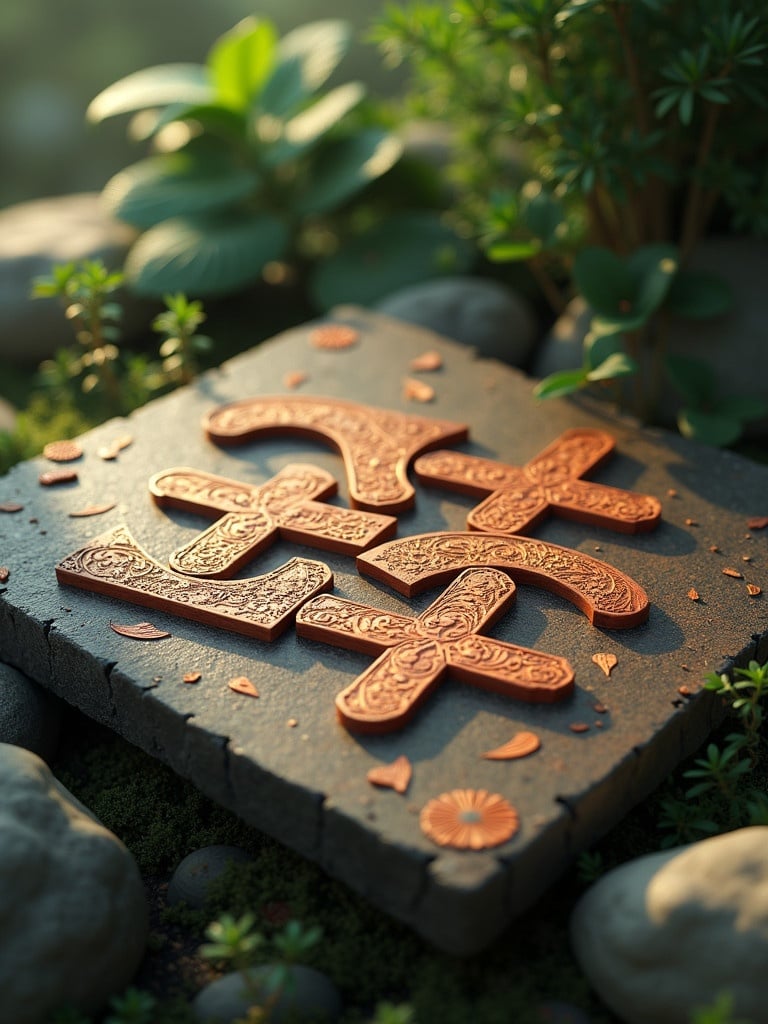 Exotic wooden tangram puzzle pieces intricately carved with ornate Asian motifs scattered across a worn polished stone tablet with etched Chinese calligraphy. Surrounded by lush greenery with misty atmospheric effects evoking a mystical ancient Asian setting. Rendered in hyper-realistic detail with a rich color palette.