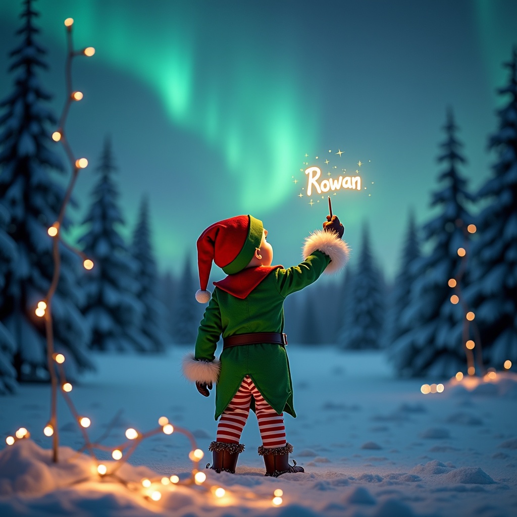 A scene showing a child dressed in an elf costume with their back to the viewer. The child is looking up at the sky while using a wand to write ‘Rowan’, creating a magical atmosphere. The background features beautiful northern lights sparkling above a winter landscape dotted with snow-covered trees. Twinkling lights are present in the foreground, creating a cozy ambiance. The overall mood is cheerful and festive, perfect for the holiday season.