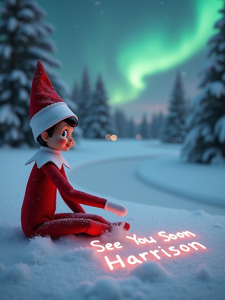 An elf on the shelf writing in the snow. The elf wears a red outfit with white trim. The background shows northern lights. The scene is snowy and festive. The elf shows an engaging smile. The words 'See You Soon Harrison' are in the snow.