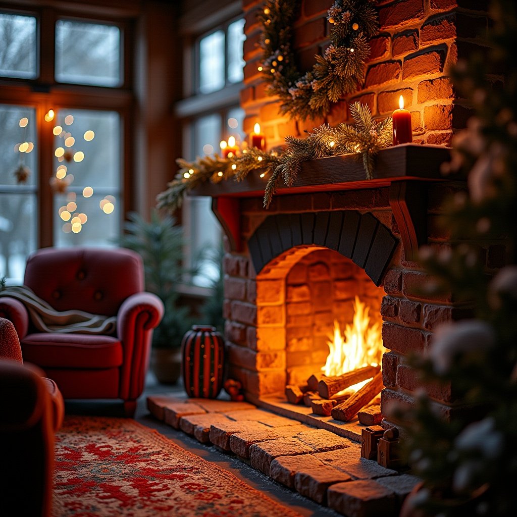 A cozy Christmas scene with a fireplace decorated for the holiday. Glowing embers create a warm light. Outside, soft snow falls gently. A plush red armchair sits beside the hearth. Christmas decorations adorn the mantel.