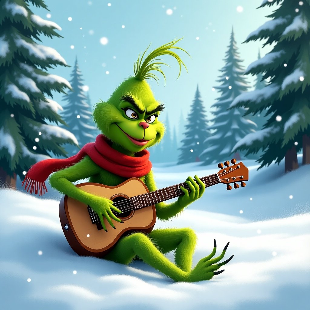 The Grinch sits in the snow playing an acoustic guitar. Snow-covered hills and evergreen trees surround. Green character wears a red scarf.