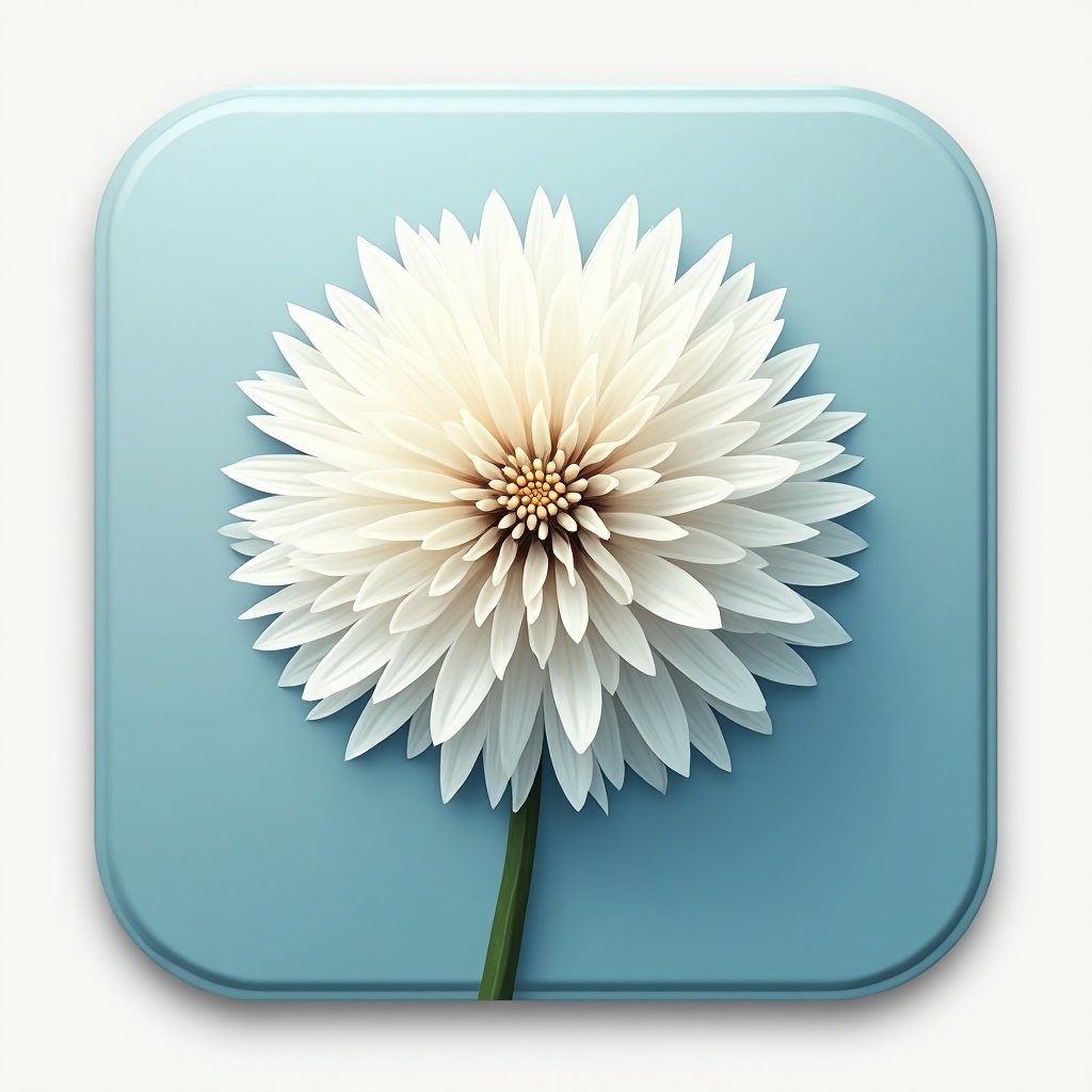 This image showcases a glossy icon reminiscent of old iPhone designs. It features a large, elegantly stylized white dandelion flower centered against a soft blue background. The flower has intricate petal details that create a sense of depth and realism, reflecting a Frutiger Aero aesthetic. The icon is designed with rounded corners, giving it a modern and polished look. This design combines natural beauty with contemporary graphic elements, making it suitable for apps or digital products related to nature or wellness.