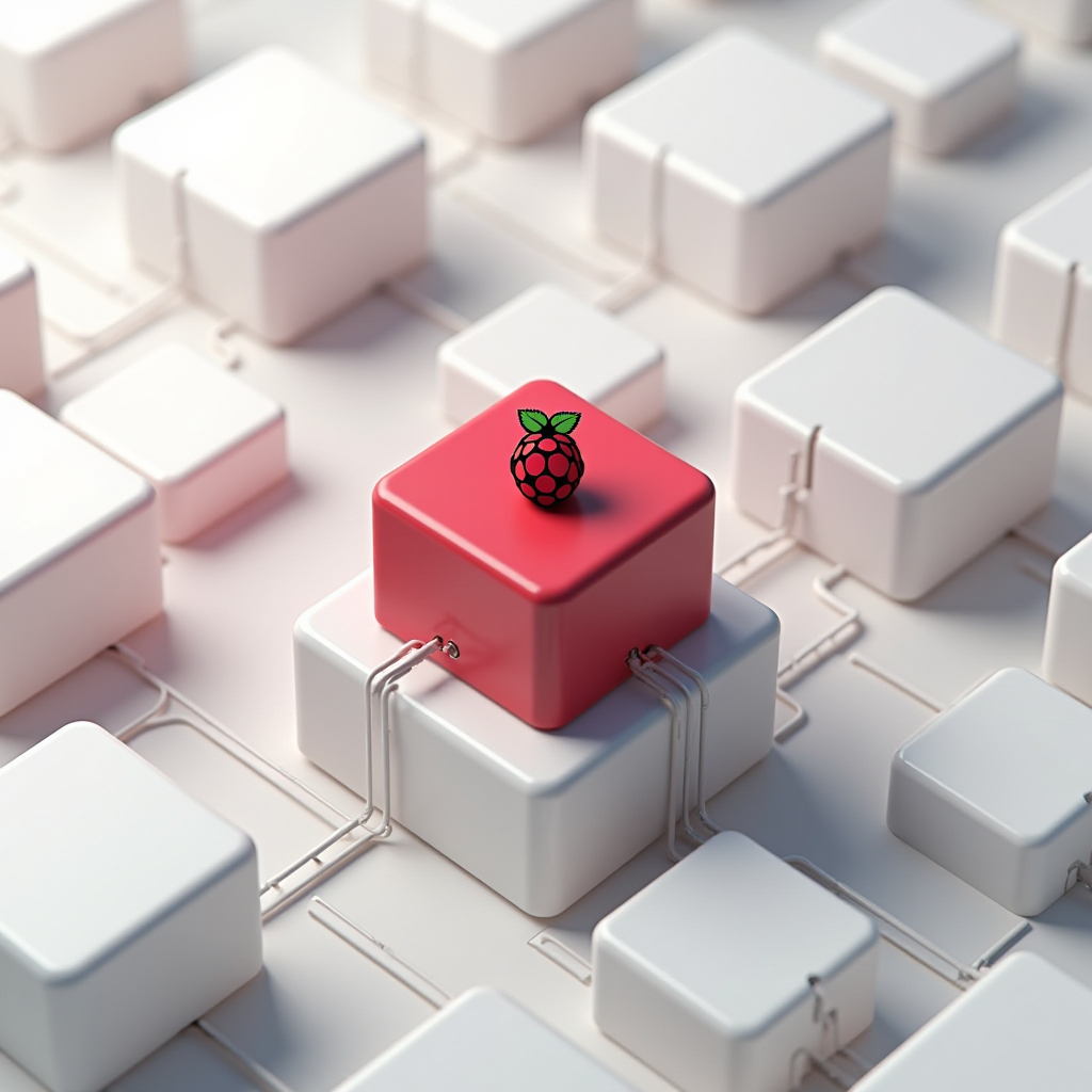 A raspberry-colored cube with a raspberry logo is connected by wires among a network of white cubes.