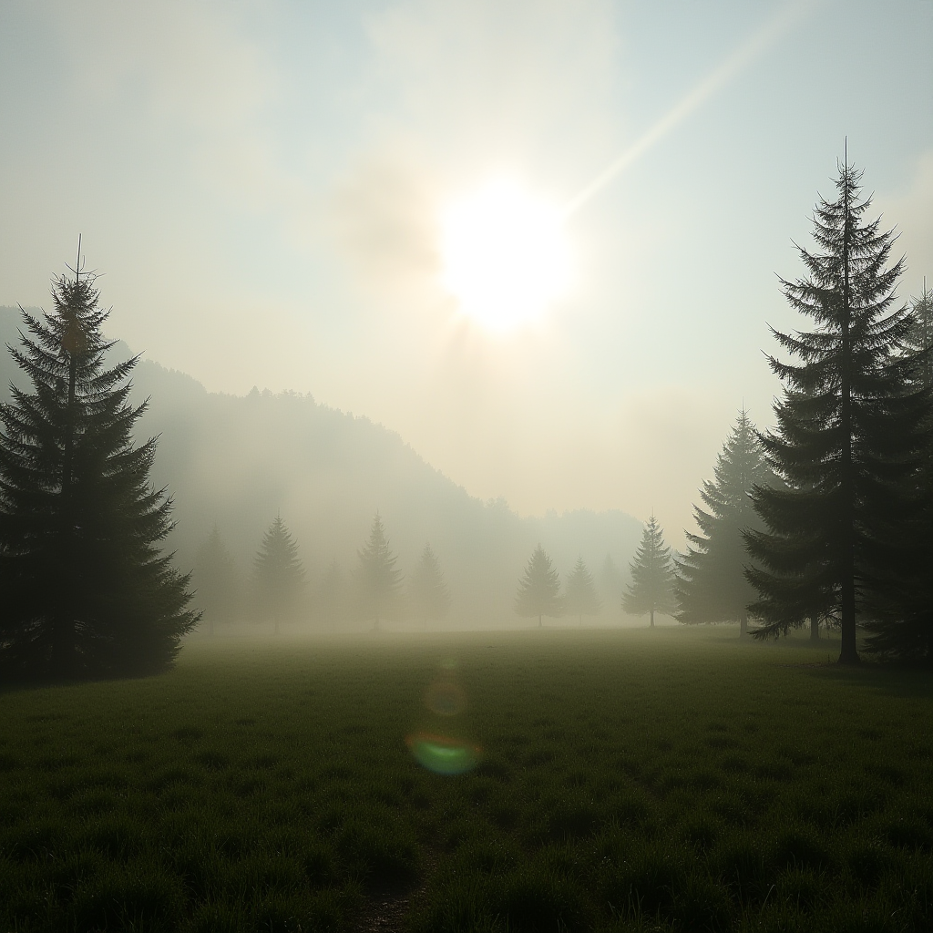 A serene landscape featuring a misty field of lush green grass, dotted with towering evergreen trees, and bathed in soft sunlight from a partially veiled sun.