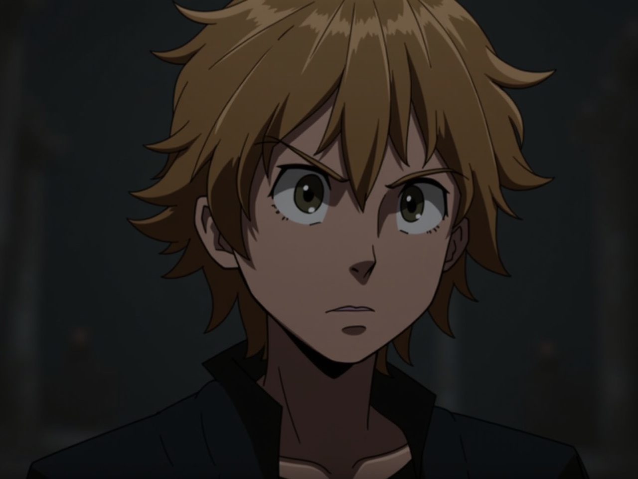 The image features a stylized character with striking features. He has medium-length, tousled hair that appears to be light brown, and expressive, large eyes that give him a curious look. His facial expression seems slightly serious or contemplative, adding to the character's intrigue. The character is wearing a simple, dark-colored garment that fits closely around the shoulders. The overall lighting is soft, creating a moody atmosphere. The background is blurred, focusing attention on the character's face. The details in the hair and eyes suggest a high level of artistry.