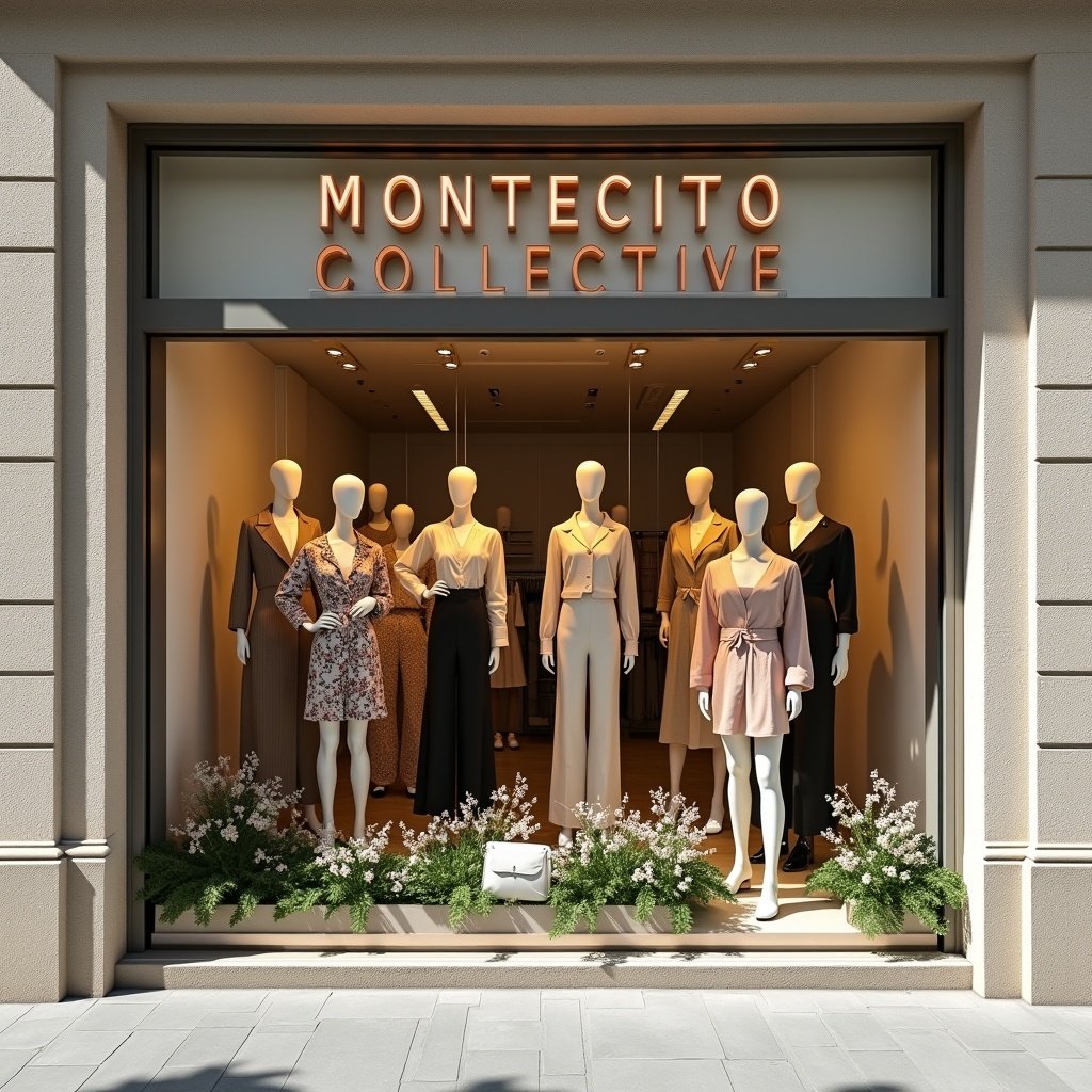 This image features the storefront of a fashion retail store named 'MONTECITO COLLECTIVE.' The window display showcases mannequins wearings various elegant women's clothing styles. The store is designed with a modern and inviting stucco facade. The scene is brightened by natural sunlight, accentuating the details of each outfit. Flowers and plants enhance the aesthetic appeal, making the display warm and attractive. This setting represents contemporary trends in fashion retail, aimed at attracting customers.