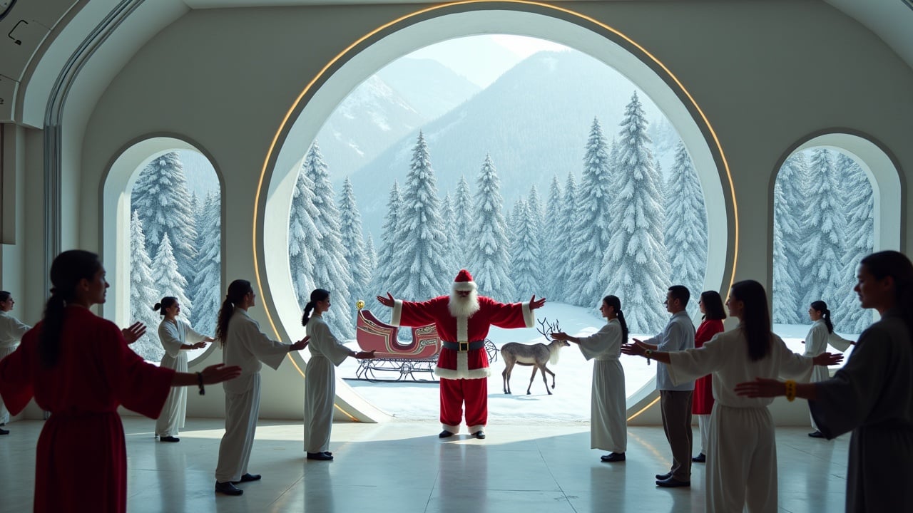 Cinematic image of Santa Claus in high-tech room with open arms. Diverse people practicing tai chi in various postures around him. Snowy woods outside. Sleigh with reindeer parked. Wide shot showing Santa surrounded by beautiful people.