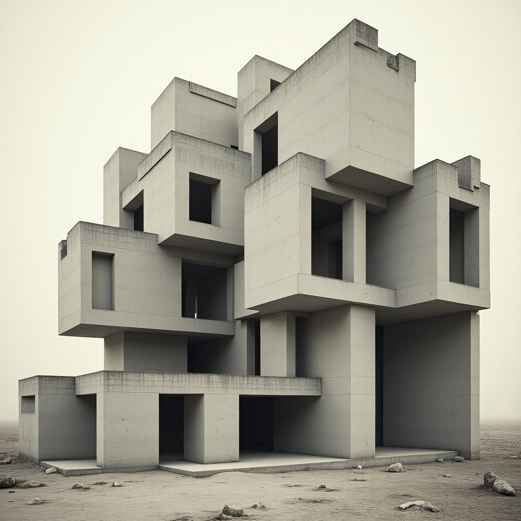 A large brutalist architectural structure made of concrete. The building consists of stacked geometric forms with multiple openings. The setting is a barren landscape with minimal surrounding elements.