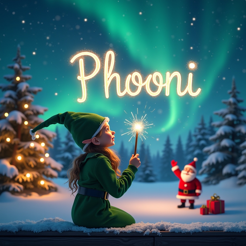 A child dressed as an elf is seated on a wooden ledge, gazing up at a night sky filled with vibrant northern lights. She holds a magic wand, writing the name 'Phoeni' in sparkling letters above her. In the whimsical winter landscape, snow-covered trees and twinkling lights create a festive atmosphere. Santa Claus appears joyfully in the background, preparing for the holiday season with colorful presents nearby. The scene exudes an enchanting vibe, perfect for celebrating Christmas and childhood wonder.