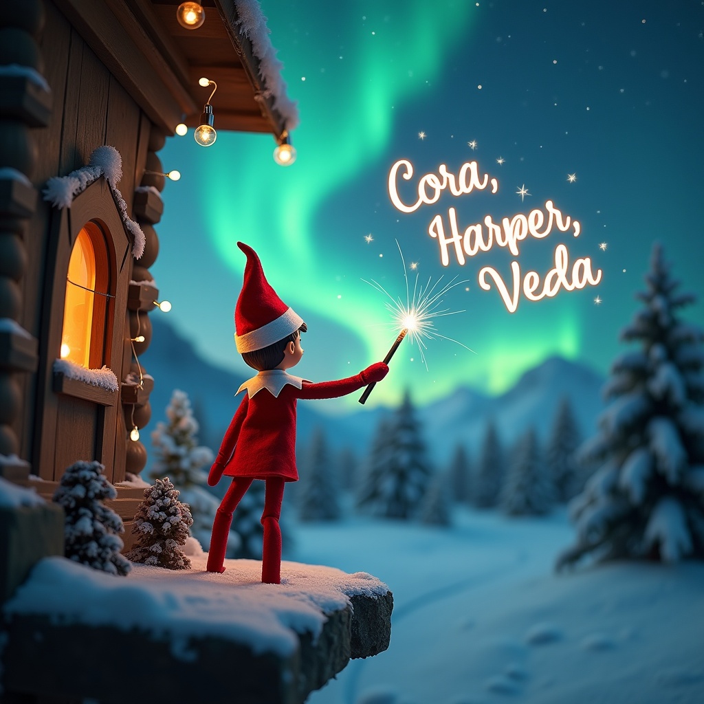 This enchanting Christmas scene features an elf on the shelf, turned away from the viewer. The elf, dressed in a classic red and white outfit, holds a magic wand while writing names in the sky. The names 'Cora', 'Harper', and 'Veda' glow brightly against the dark backdrop. The setting is enhanced by beautiful northern lights, creating a magical atmosphere. Snow-covered trees around the elf add to the wintery charm. This whimsical portrayal captures the true essence of the holiday season and evokes feelings of joy and wonder.