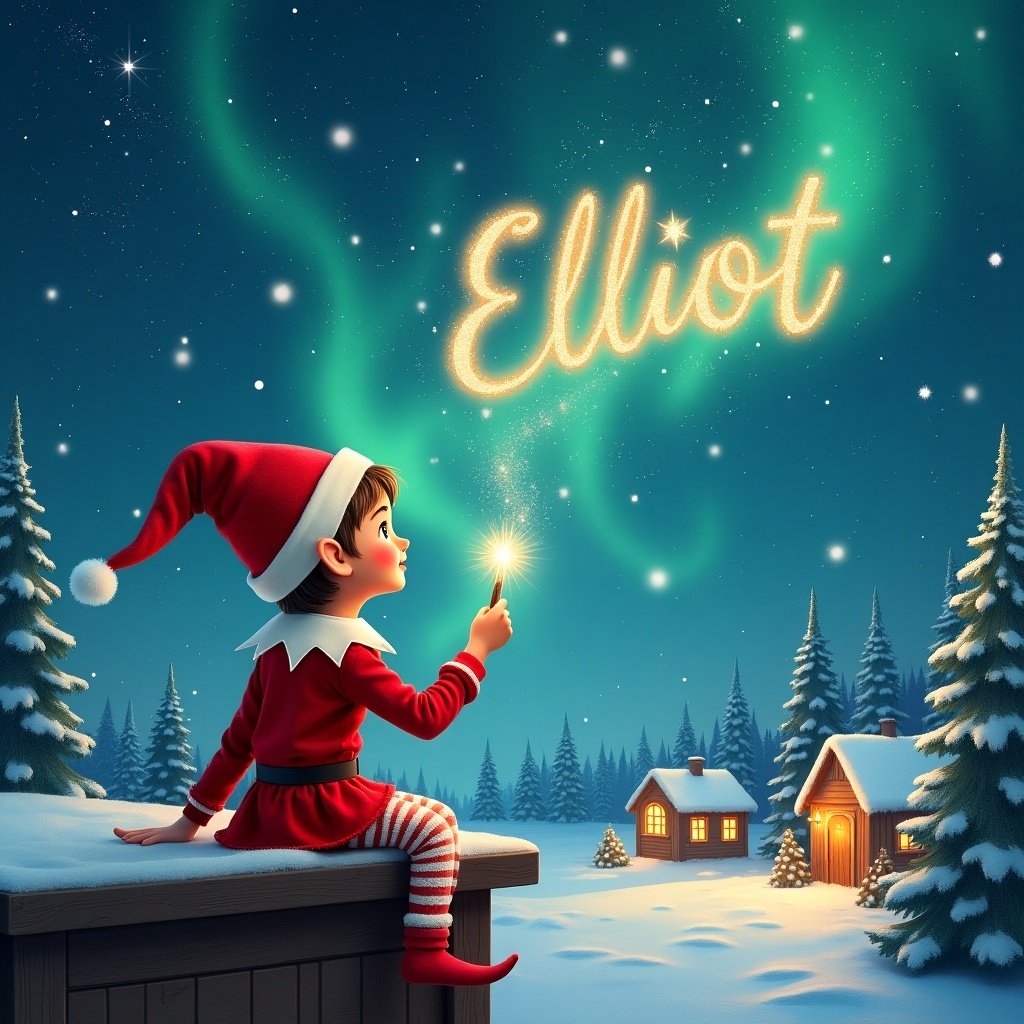 An elf sits on a wooden ledge with back to the camera gazes at magical sky dressed in red outfit with pointed hat holds sparkling wand writes name Elliot in starry sky snowy landscape with charming little houses and evergreen trees under shimmering lights