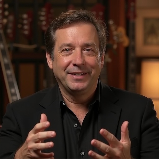 Medium close-up shot of an individual explaining theory or techniques. The angle is eye-level, with a warm-toned and softly blurred backdrop featuring a guitar rack. The individual is slightly off-center for a natural composition.