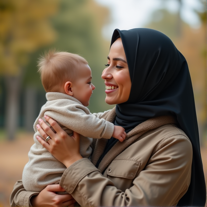 A smiling woman in a hijab happily holds a baby outdoors.