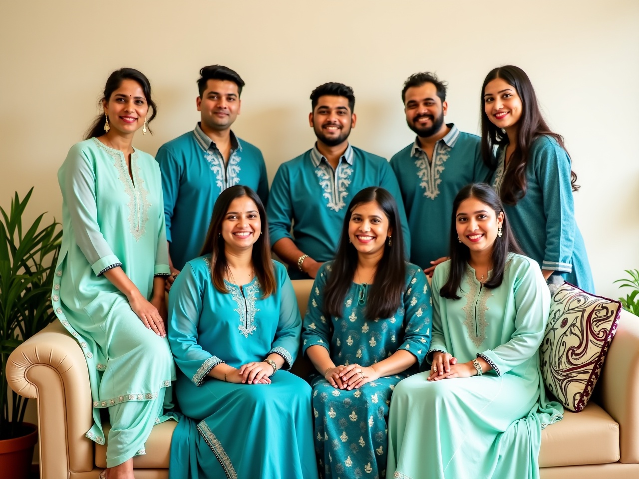 A group of eight individuals are posing together in a cozy living room setting. The four people in the front are seated on a stylish beige couch, while the four in the back are standing behind them. Everyone is dressed in traditional attire, predominantly in shades of blue and green, with intricate patterns and designs on their garments. The atmosphere is friendly and relaxed, with smiles on their faces. There is a decorative pillow on the couch and some plants in the background, adding to the warmth of the scene.