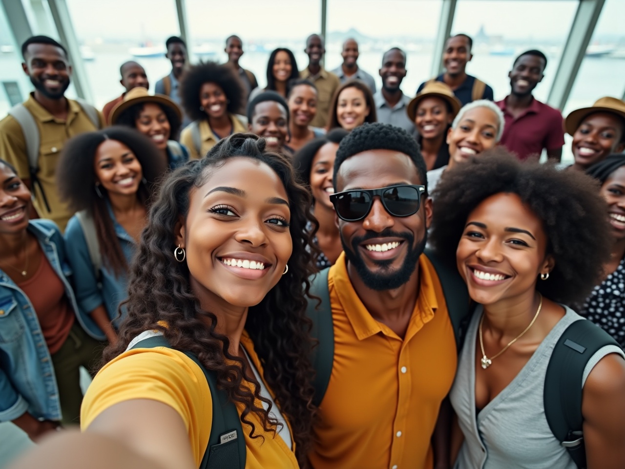 A large group of smiling individuals poses for a selfie in a bright, spacious area. The image captures a sense of community and joy among friends. The diverse group showcases different styles and backgrounds, highlighting unity in diversity. Soft natural light pours in through large windows, enhancing their vibrant expressions. Everyone appears happy and engaged, making the image lively and inviting.