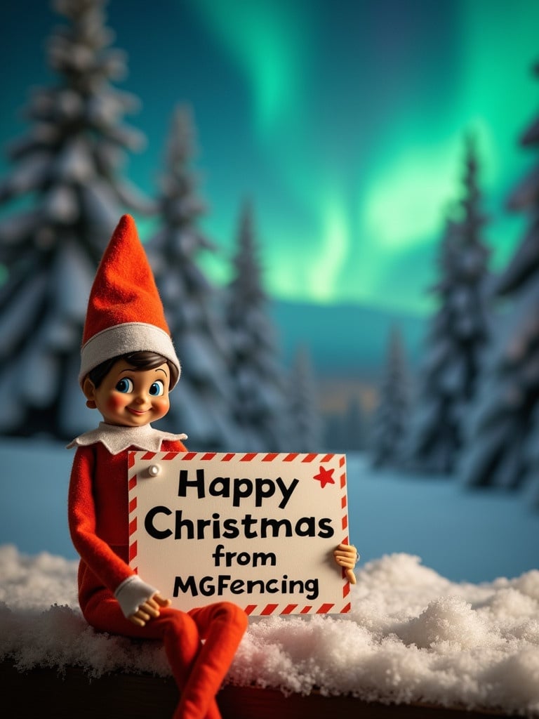 Orange elf on the shelf holds a sign. Sign reads Happy Christmas from MGFencing. Snow covered trees are in the background. Northern lights brighten the sky.