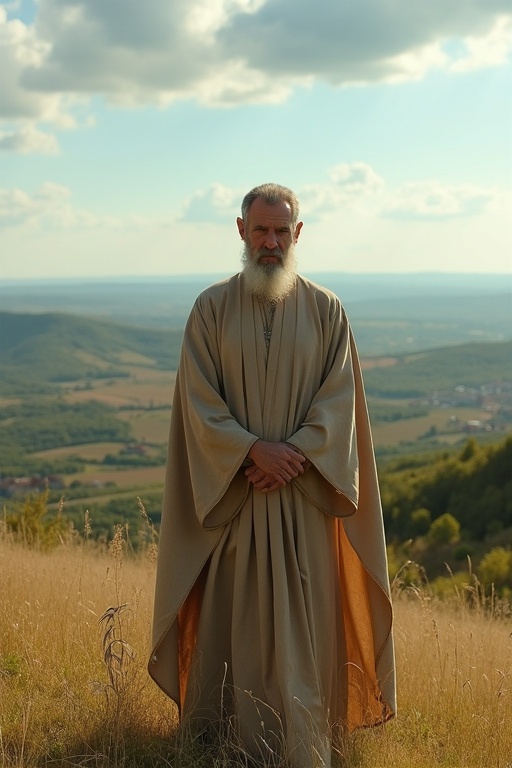 Old ascetic priest dressed in natural-colored ceremonial robe. Standing firmly on a hill. Contains elements of nature and wisdom. Background shows southern France landscape. Lighting is warm and soft.