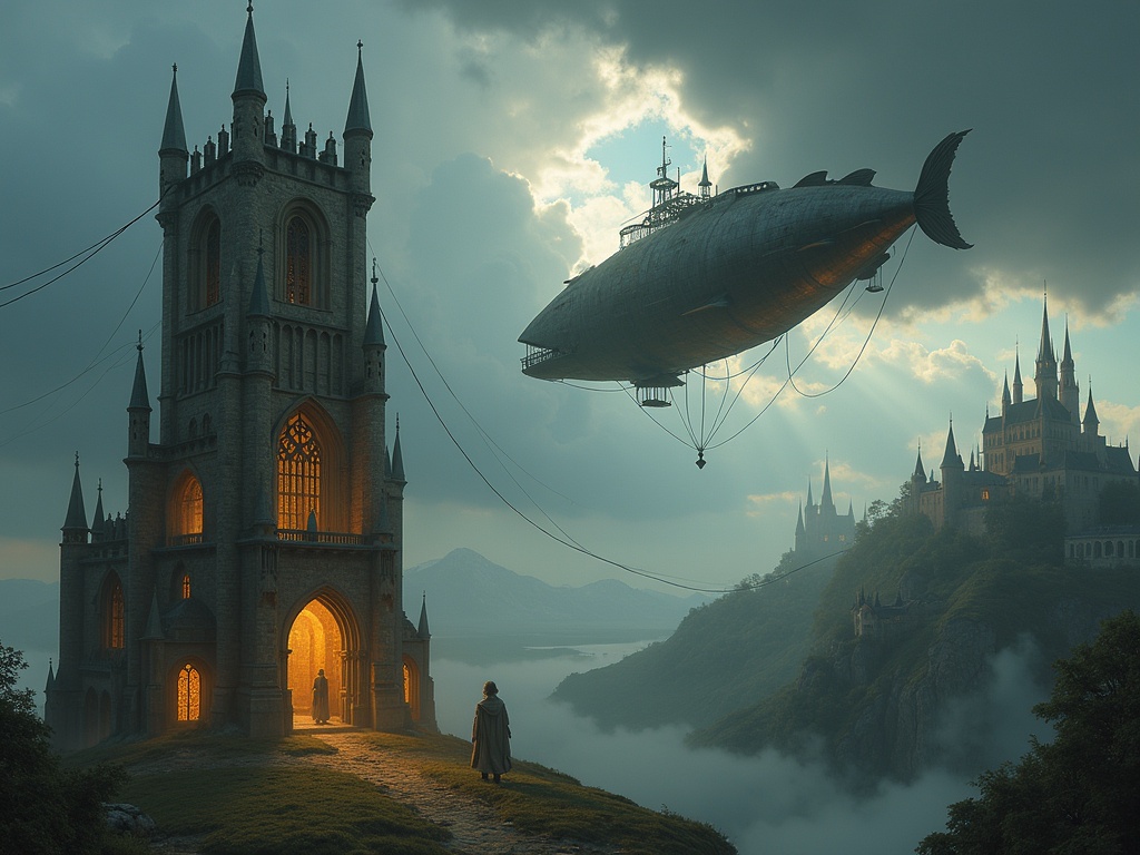 Fantastical scene blends steampunk with medieval elements. A tall gothic tower illuminated at sunset stands in the foreground. An unusual whale-shaped airship floats in the sky. In the background, a traditional medieval fortress sits on a hill. Dark clouds with rays of light add to the mystical atmosphere. The scene evokes adventure and exploration.