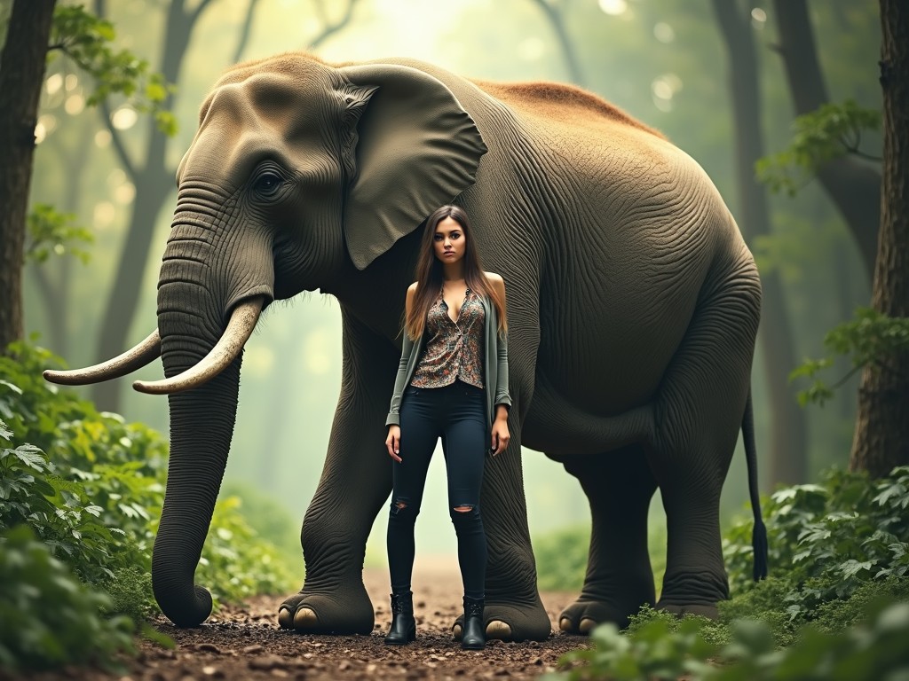 A young woman stands confidently beside a large elephant on a forest path. The image captures the bond between human and nature, with the lush greenery providing a serene backdrop. The soft, filtered sunlight creates a peaceful and harmonious atmosphere, highlighting the gentle symbiosis between the two subjects.