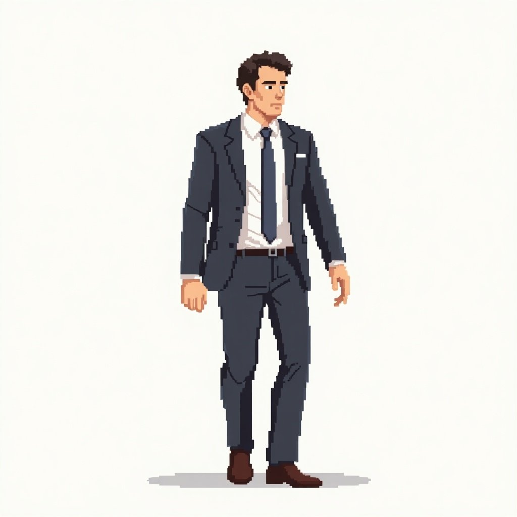 Create a pixel art sprite sheet. A man in a business suit is walking. The man is well-dressed and has a confident posture. He is illustrated in pixel art style showing his movement dynamics.