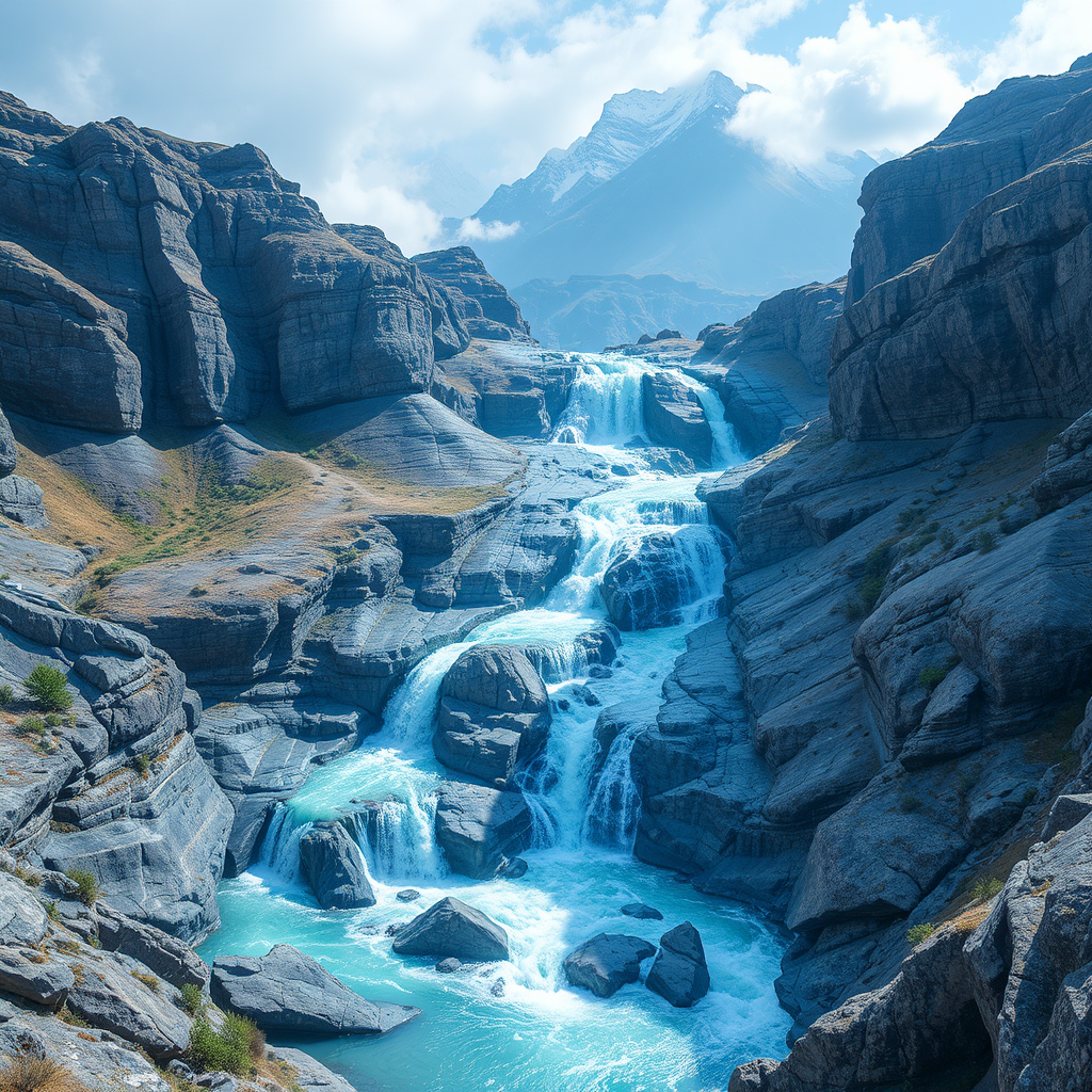 A stunning waterfall cascades down rugged rocky terrain, surrounded by majestic mountains under a partly cloudy sky.