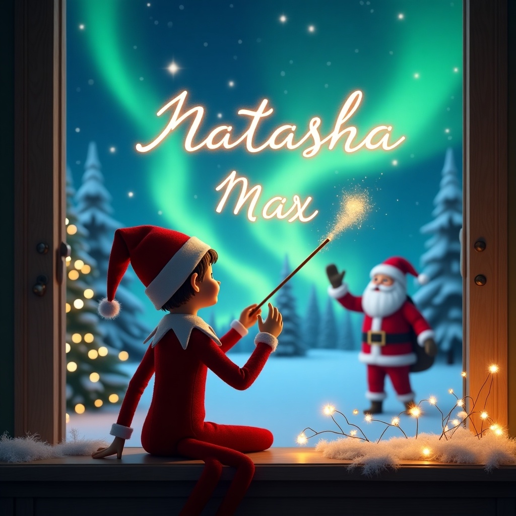 This enchanting image illustrates a festive scene where an elf on the shelf sits with his back to the viewer, facing a beautiful sky lit by northern lights. The elf is using a sparkling wand to write the names 'Natasha' and 'Max' elegantly in the air, adding a touch of magic to the Christmas atmosphere. In the background, Santa Claus is also present, enhancing the whimsical holiday vibe. The soft glow of fairy lights accentuates the cozy, magical setting. It's a delightful scene that brings warmth and joy associated with the holiday season.