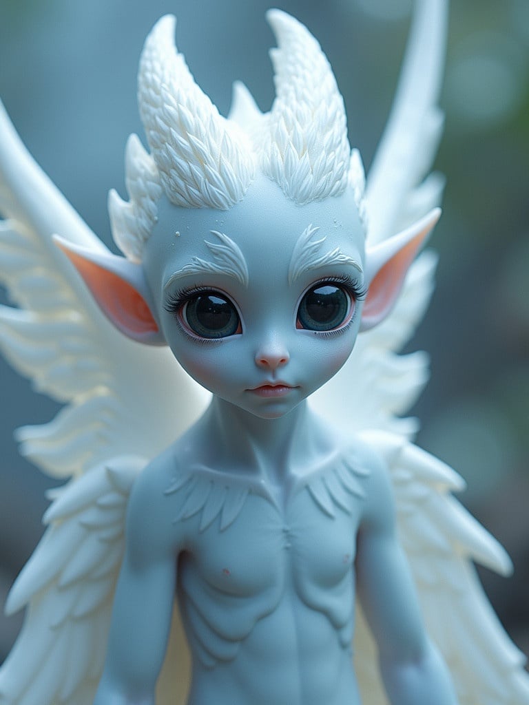 Elven figure with very pale blue shimmering skin with big black eyes and massive white feathered wings. Pointy ears and hairless character with a majestic look. The character is very detailed and dramatic in appearance.