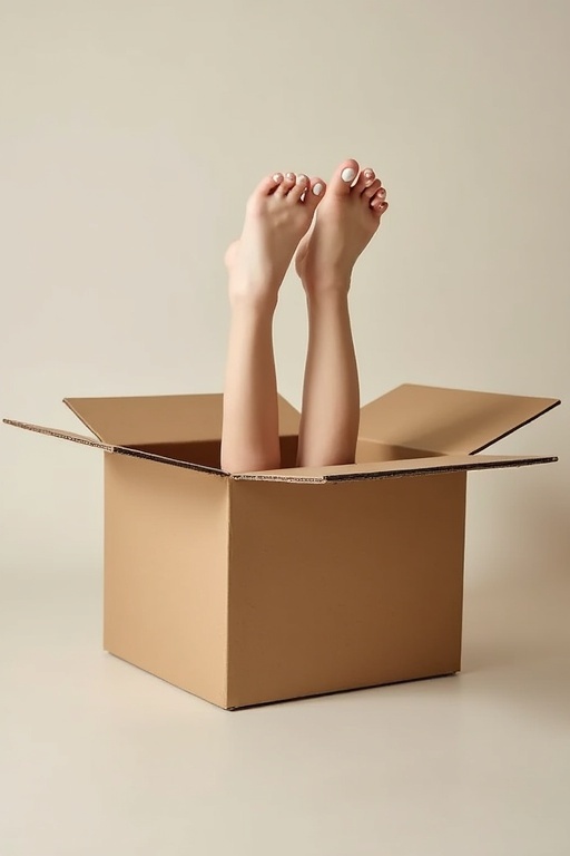 Cardboard box with open flaps. Female feet protruding from the box. Feet have white nail polish. Background is simple and neutral. Box appears large and inviting.