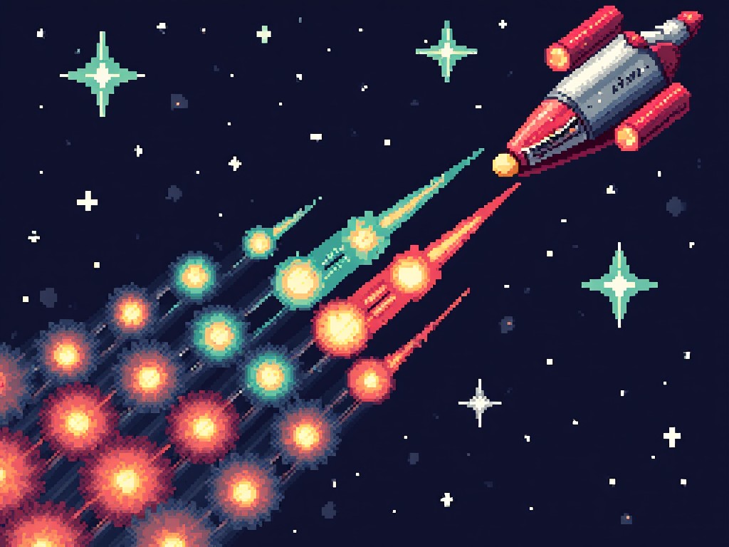 A pixel art image of a spaceship flying through space with colorful light trails behind it. The scene includes stars, with the spaceship oriented diagonally across the image.