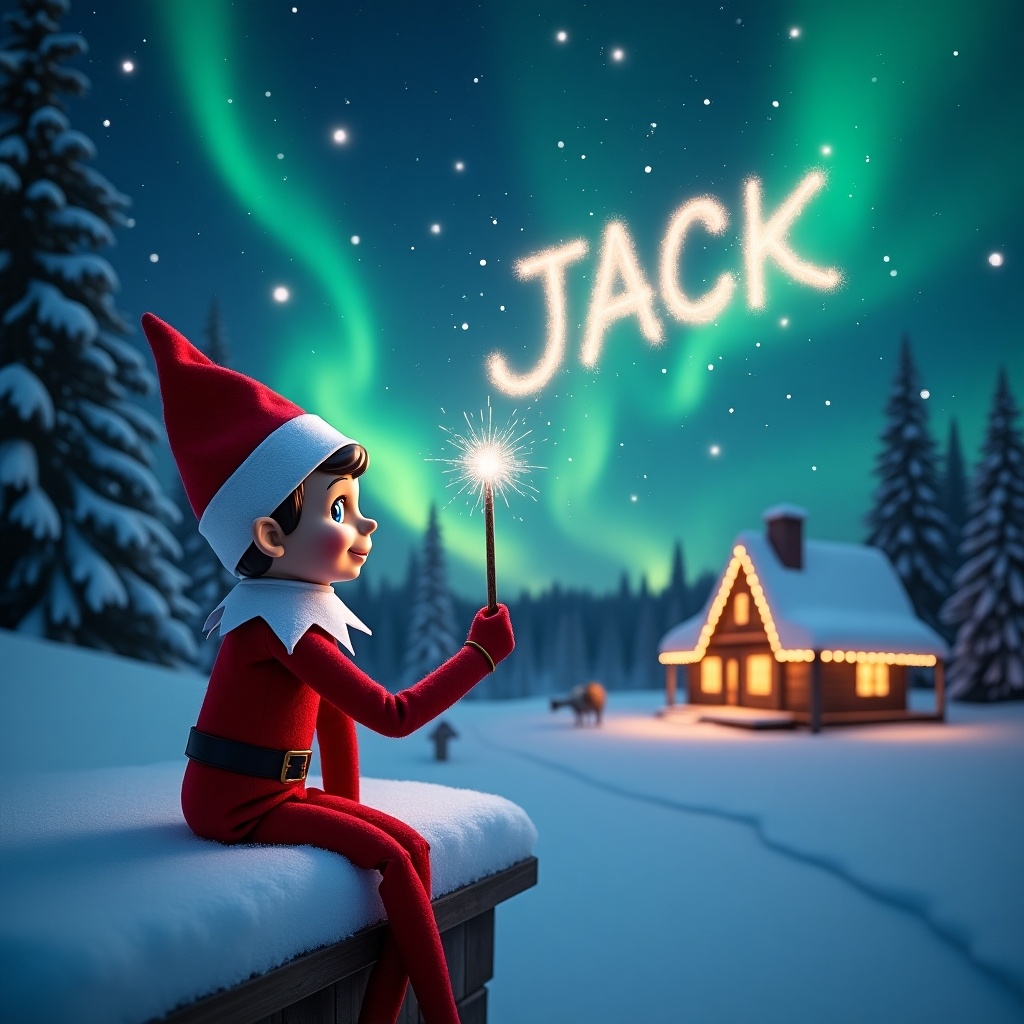 A charming scene featuring a boy elf on a shelf writing 'JACK' in the sky using a shimmering wand. The elf is seated on a snowy ledge, gazing at a starry night filled with northern lights. In the distance, a cozy cabin glows warmly with lights, enhancing the festive atmosphere. As the elf writes, a sense of joy and Christmas magic fills the air. This delightful image captures the essence of holiday spirit, perfect for seasonal celebrations.