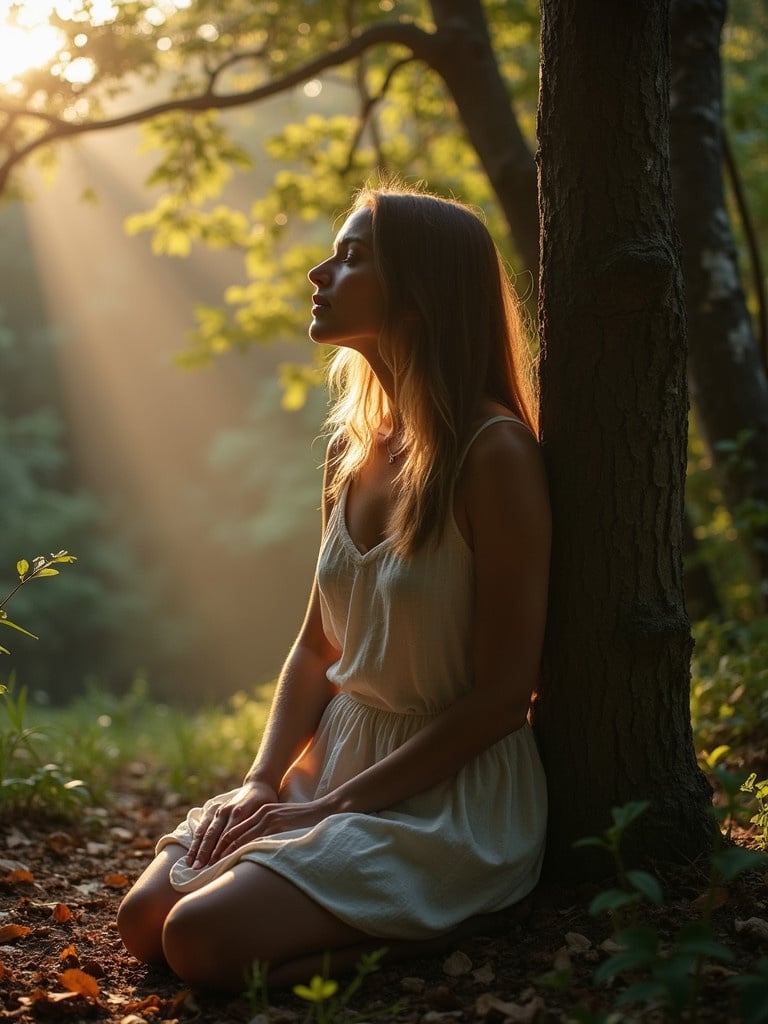 Woman sits quietly in nature. Soft sunlight illuminates the scene. The forest is lush and green. The atmosphere conveys peace and tranquility. Nature surrounds her as she meditates silently. A golden light shines through the trees.