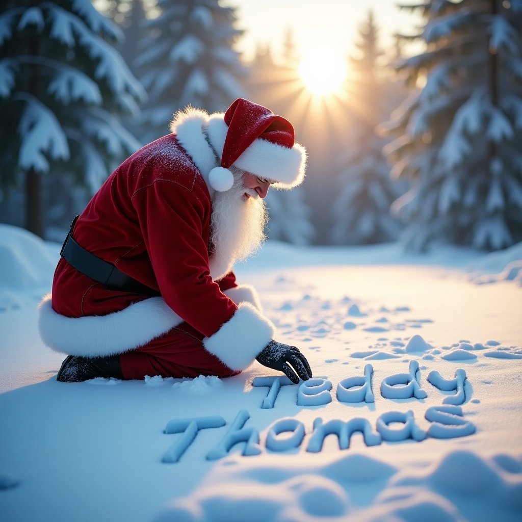 Santa Claus in a red suit writing Teddy Thomas in the snow. Beautiful winter background with trees and sunlight.