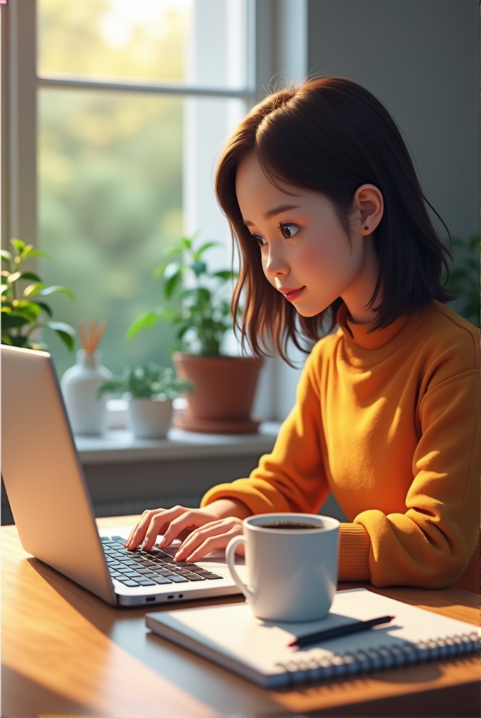 A young woman in a yellow sweater focuses on her laptop beside a window with plants and a cup of coffee.