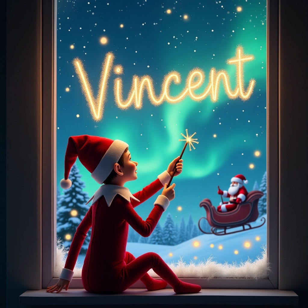 The image features an enchanting Christmas scene with an elf sitting on a window ledge. The elf is turned away from the viewer, joyfully facing the colorful northern lights while using a wand to write 'Vincent' in sparkling letters in the sky. Santa Claus is visible in the background, riding in his sleigh, enhancing the festive feel. Dressed in a traditional red outfit and a pointed hat, the elf embodies the holiday spirit. The window ledge is adorned with snow, creating a cozy winter atmosphere.