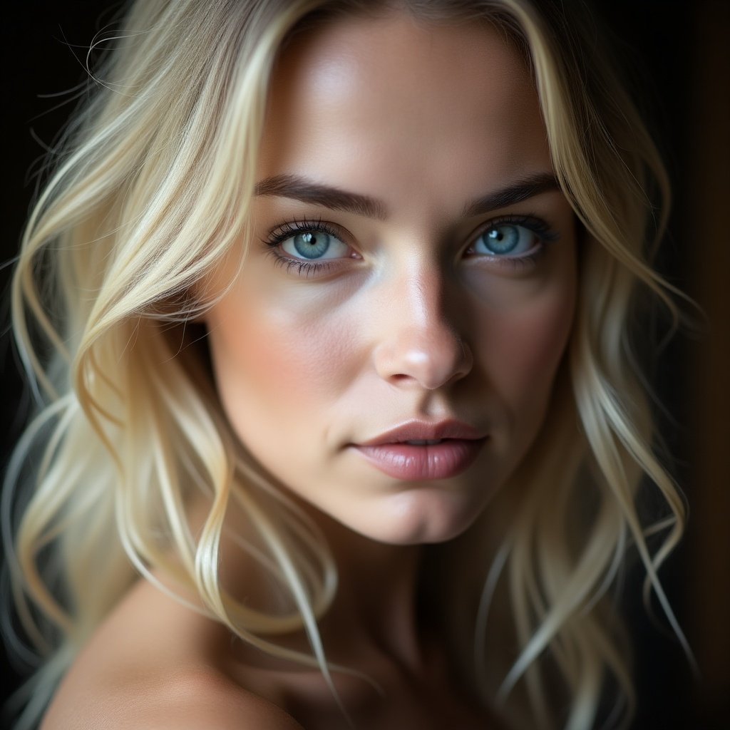 Close-up portrait of a woman with blonde hair. The woman faces the camera directly. Soft side lighting creates gentle shadows. The expression is serene and neutral. Loose, wavy hair frames her face. Focus on her striking eyes.