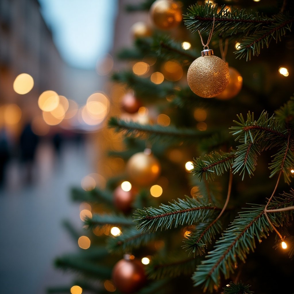 Close side shot of a Christmas tree. Gold ornaments are hanging from branches. Blurred background shows festive lights and people.