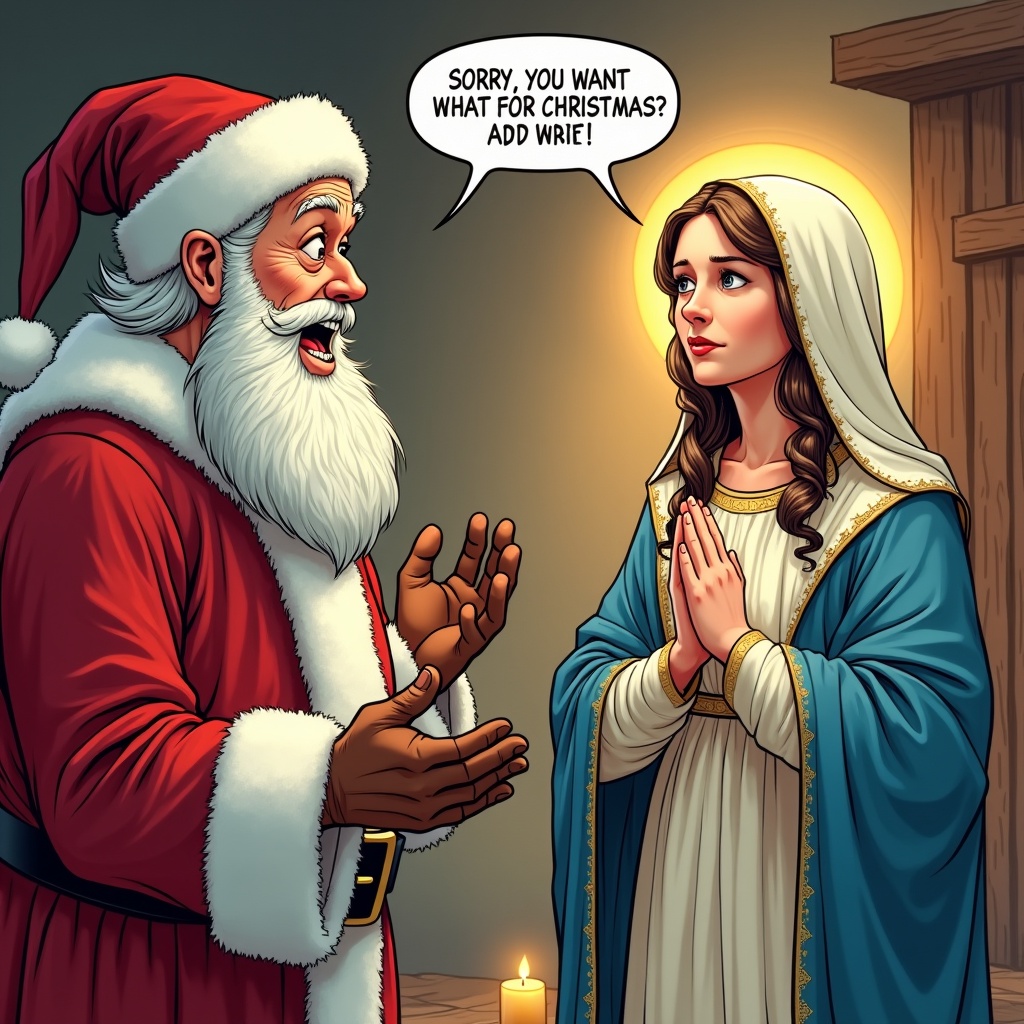 This image depicts a humorous interaction between Santa Claus and the Virgin Mary. Santa looks surprised and animated, with raised eyebrows and an astonished expression. He is questioning Mary about her Christmas wish, creating a lighthearted contrast to her serene demeanor. Mary responds with a gentle smile, her hands clasped in front of her, embodying a calm and divine presence. The background features warm candlelight and subtle details of a stable, setting a cozy, sacred atmosphere. This comic-style illustration balances humor and reverence in the depiction of these iconic figures.